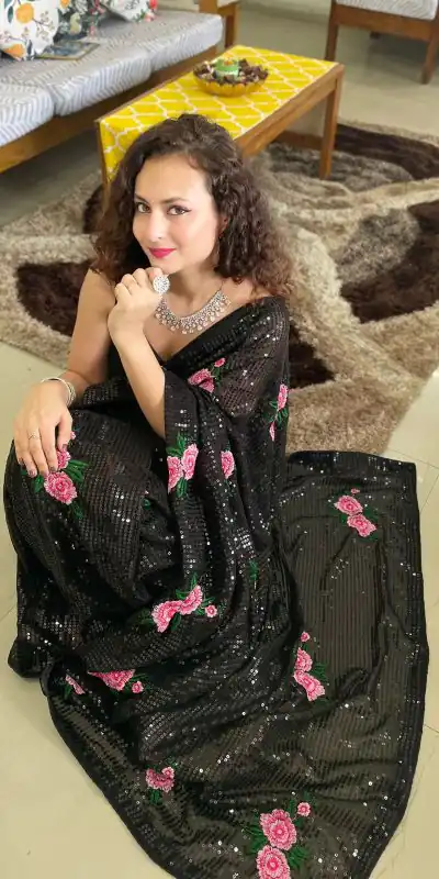 AC SEQUENCE Black Color Georgette Sequence Multi Thread Work Saree Casual, Wedding, Festive, Events Expected Delivery 4-6 Working Days @1899 /- | Designer Sarees, Sarees, Bollywood Sarees, Creative Sarees, Embroidered Sarees, Ethnic Saree, Modern Digital sarees, Party Wear Sarees