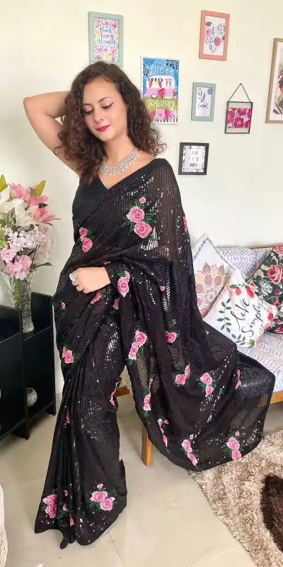 AC SEQUENCE Black Color Georgette Sequence Multi Thread Work Saree Casual, Wedding, Festive, Events Expected Delivery 4-6 Working Days @1899 /- | Designer Sarees, Sarees, Bollywood Sarees, Creative Sarees, Embroidered Sarees, Ethnic Saree, Modern Digital sarees, Party Wear Sarees