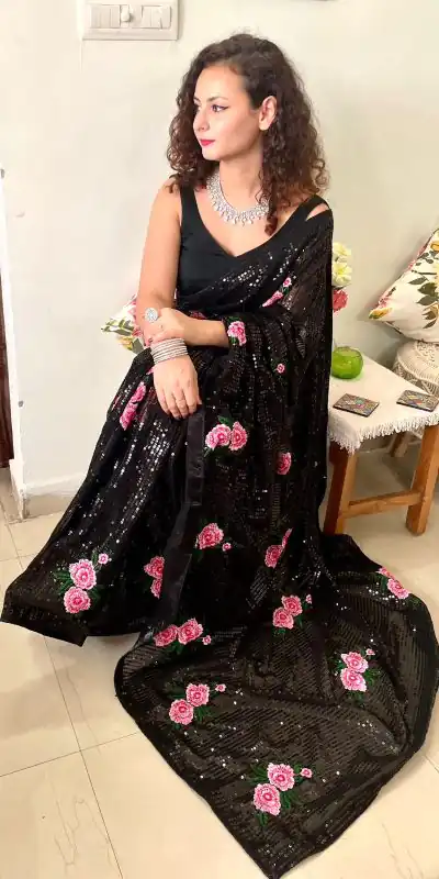 AC SEQUENCE Black Color Georgette Sequence Multi Thread Work Saree Casual, Wedding, Festive, Events Expected Delivery 4-6 Working Days @1899 /- | Designer Sarees, Sarees, Bollywood Sarees, Creative Sarees, Embroidered Sarees, Ethnic Saree, Modern Digital sarees, Party Wear Sarees