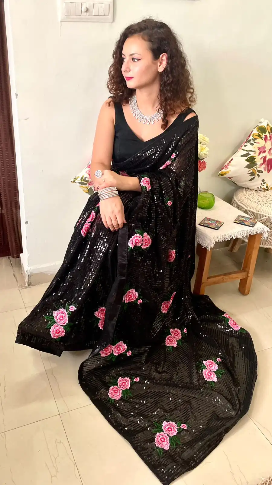 AC SEQUENCE Black  Color Georgette Sequence Multi Thread Work Saree Casual, Wedding, Festive, Events Expected Delivery 4-6 Working Days @1899 /- | Designer Sarees, Sarees, Bollywood Sarees, Creative Sarees, Embroidered Sarees, Ethnic Saree, Modern Digital sarees, Party Wear Sarees