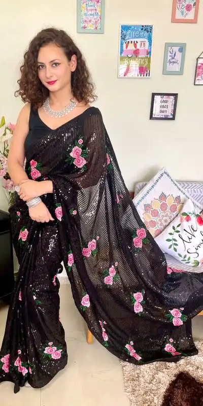 AC SEQUENCE Black  Color Georgette Sequence Multi Thread Work Saree Casual, Wedding, Festive, Events Expected Delivery 4-6 Working Days @1899 /- | Designer Sarees, Sarees, Bollywood Sarees, Creative Sarees, Embroidered Sarees, Ethnic Saree, Modern Digital sarees, Party Wear Sarees
