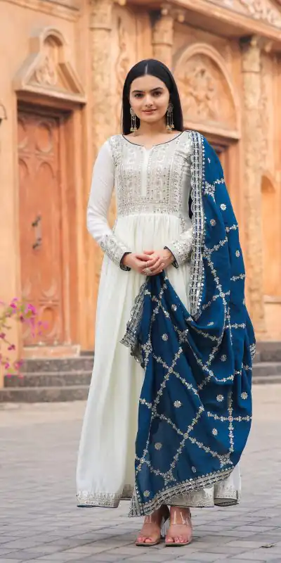 AD157 White & Blue Color Chinon Silk Embroidery Sequence Salwar Suit Wedding, Party, Festive, Events Expected Delivery 4-6 Working Days @ 2099/- | Salwar suit, Casual Suits, Creative suits, Designer Suits, Palazzo Suits, Party Wear Suits, Patiala Suits, Straight Suits