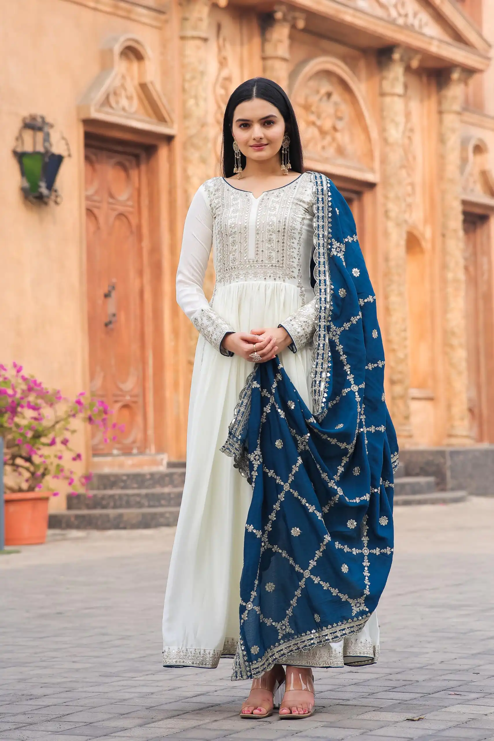 AD157 White & Blue Color Chinon Silk Embroidery Sequence Salwar Suit Wedding, Party, Festive, Events Expected Delivery 4-6 Working Days @ 2099/- | Salwar suit, Casual Suits, Creative suits, Designer Suits, Palazzo Suits, Party Wear Suits, Patiala Suits, Straight Suits