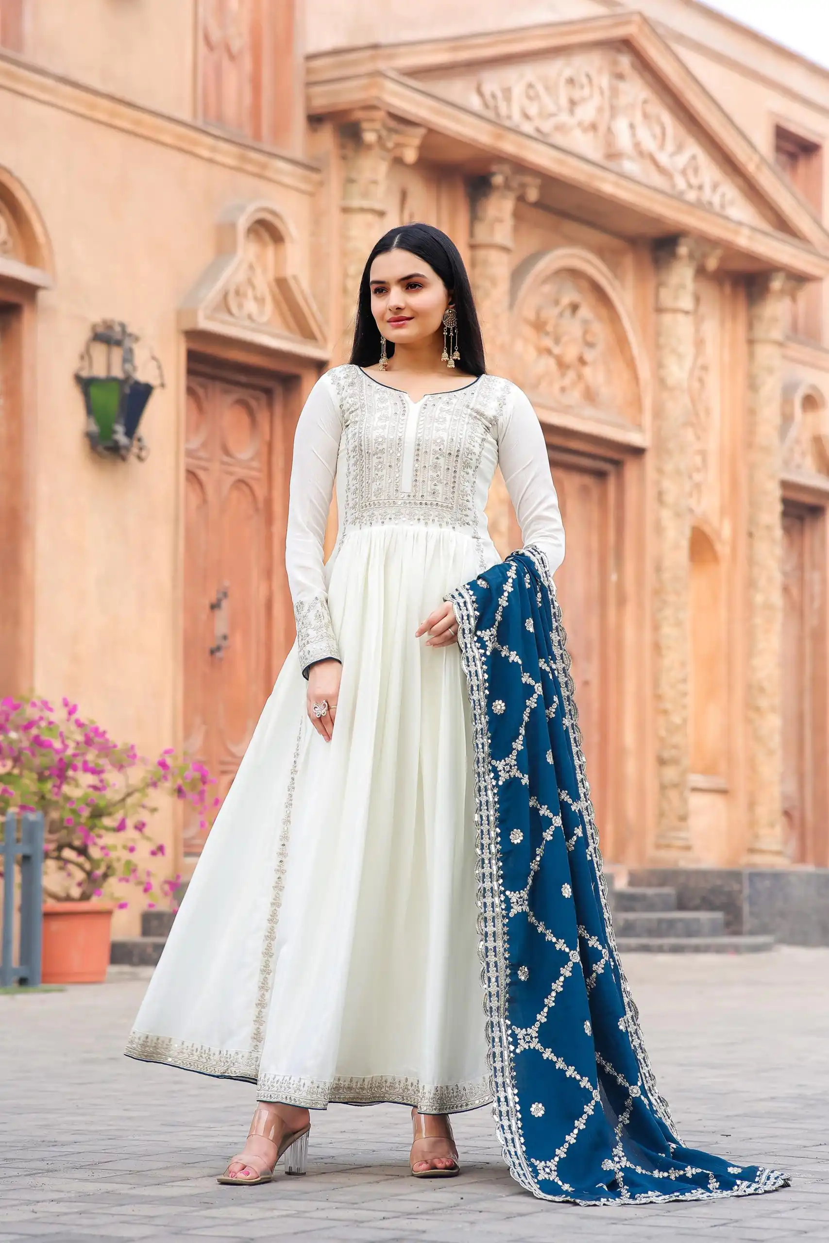 AD157 White & Blue Color Chinon Silk Embroidery Sequence Salwar Suit Wedding, Party, Festive, Events Expected Delivery 4-6 Working Days @ 2099/- | Salwar suit, Casual Suits, Creative suits, Designer Suits, Palazzo Suits, Party Wear Suits, Patiala Suits, Straight Suits