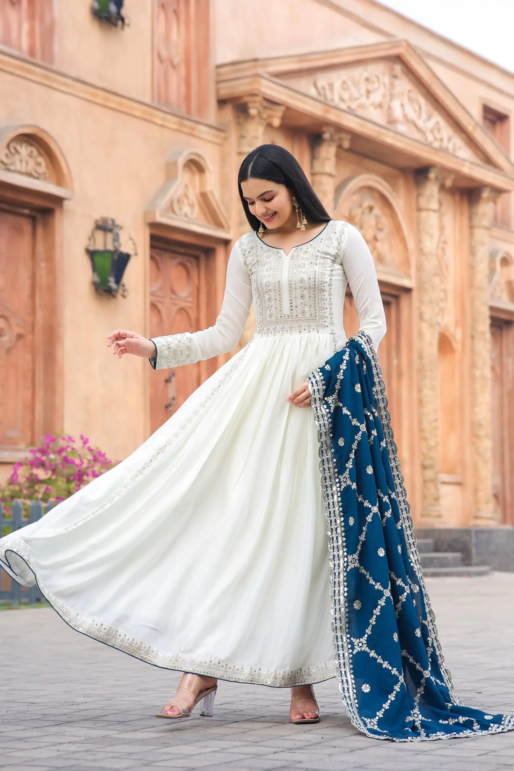 AD157 White & Blue Color Chinon Silk Embroidery Sequence Salwar Suit Wedding, Party, Festive, Events Expected Delivery 4-6 Working Days @ 2099/- | Salwar suit, Casual Suits, Creative suits, Designer Suits, Palazzo Suits, Party Wear Suits, Patiala Suits, Straight Suits