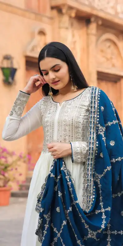 AD157 White & Blue Color Chinon Silk Embroidery Sequence Salwar Suit Wedding, Party, Festive, Events Expected Delivery 4-6 Working Days @ 2099/- | Salwar suit, Casual Suits, Creative suits, Designer Suits, Palazzo Suits, Party Wear Suits, Patiala Suits, Straight Suits