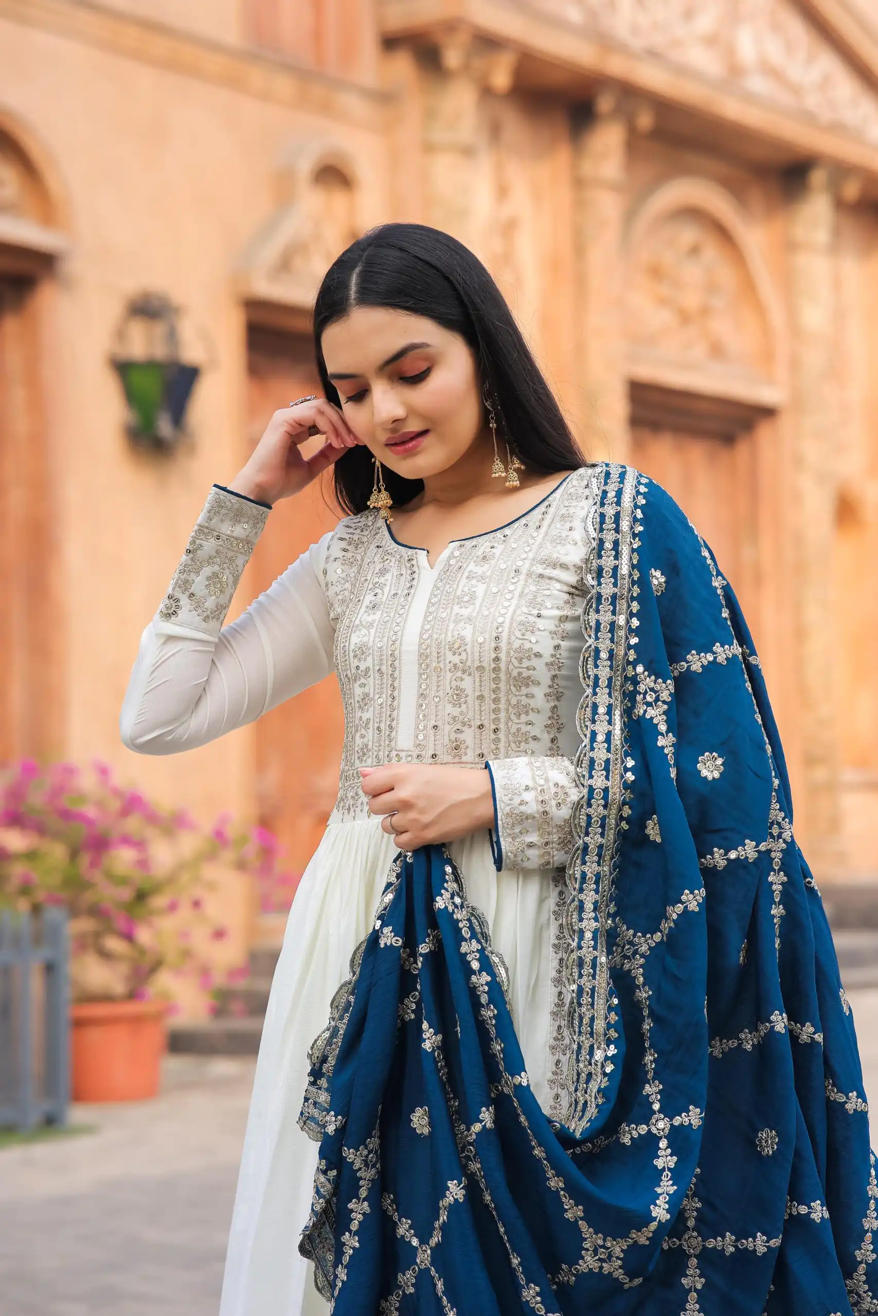 AD157 White & Blue Color Chinon Silk Embroidery Sequence Salwar Suit Wedding, Party, Festive, Events Expected Delivery 4-6 Working Days @ 2099/- | Salwar suit, Casual Suits, Creative suits, Designer Suits, Palazzo Suits, Party Wear Suits, Patiala Suits, Straight Suits