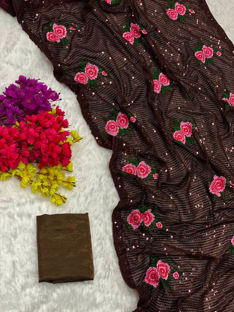 AC SEQUENCE Coffee Color Georgette Sequence Multi Thread Work Saree Casual, Wedding, Festive, Events Expected Delivery 4-6 Working Days @1899 /- | Designer Sarees, Sarees, Bollywood Sarees, Creative Sarees, Embroidered Sarees, Ethnic Saree, Modern Digital sarees, Party Wear Sarees