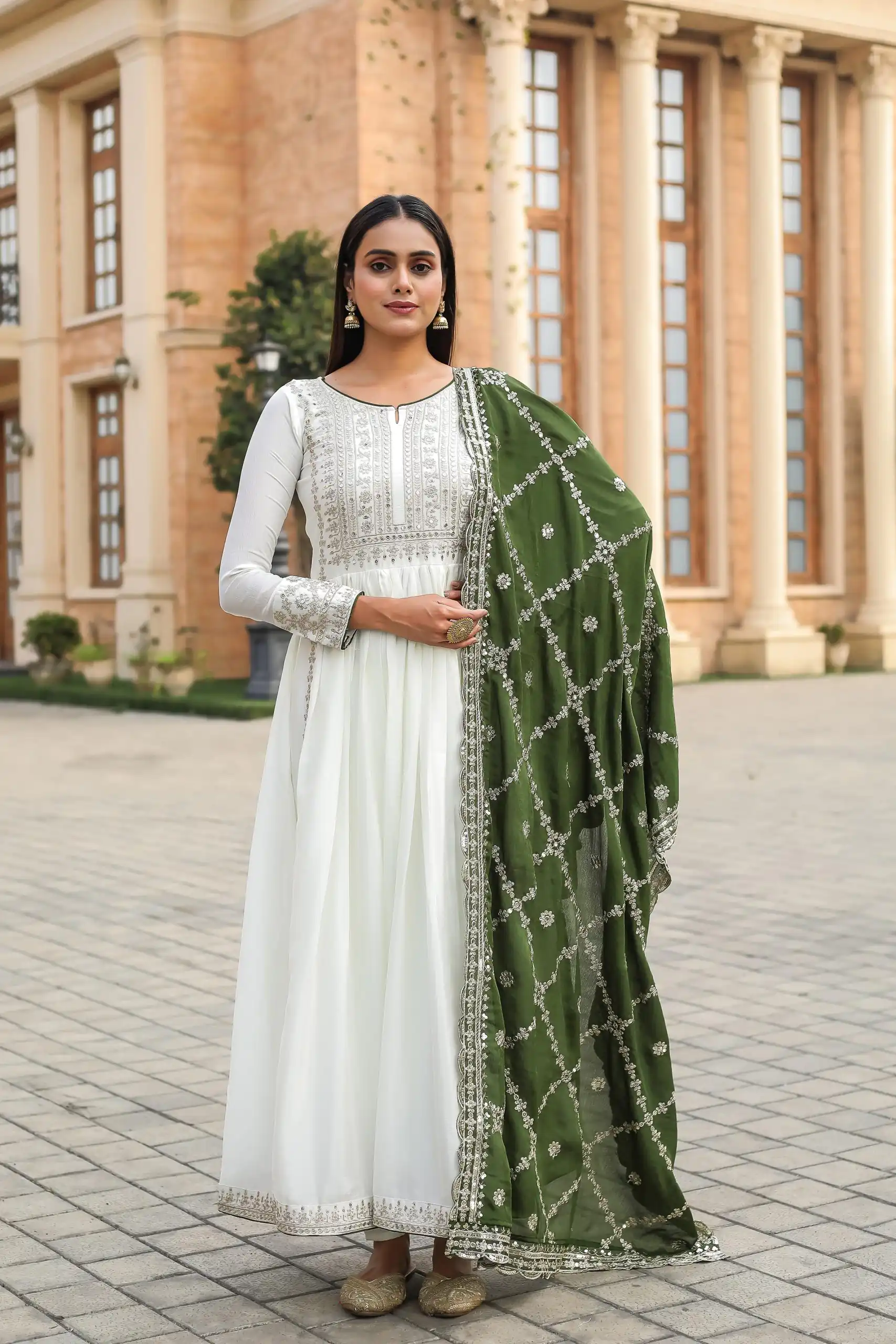 AD157 White & Green Color Chinon Silk Embroidery Sequence Salwar Suit Wedding, Party, Festive, Events Expected Delivery 4-6 Working Days @ 2099/- | Salwar suit, Casual Suits, Creative suits, Designer Suits, Palazzo Suits, Party Wear Suits, Patiala Suits, Straight Suits