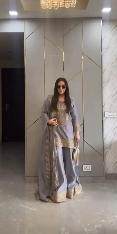 ZF 374 Grey Color Chinnon Silk Embroidery Sequence Salwar Suit Casual, Wedding, Party, Events Etc. Expected Delivery 4-6 Working Days 2099/- | Jump Suits, Salwar suit, Casual Suits, Creative suits, Designer Suits, Palazzo Suits, Party Wear Suits, Patiala Suits, Straight Suits