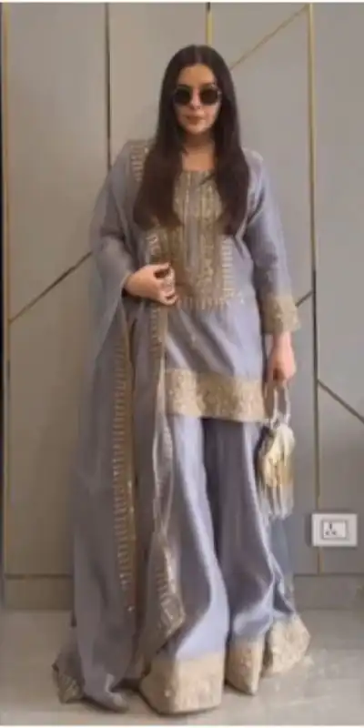 ZF 374 Grey Color Chinnon Silk Embroidery Sequence Salwar Suit Casual, Wedding, Party, Events Etc. Expected Delivery 4-6 Working Days 2099/- | Jump Suits, Salwar suit, Casual Suits, Creative suits, Designer Suits, Palazzo Suits, Party Wear Suits, Patiala Suits, Straight Suits