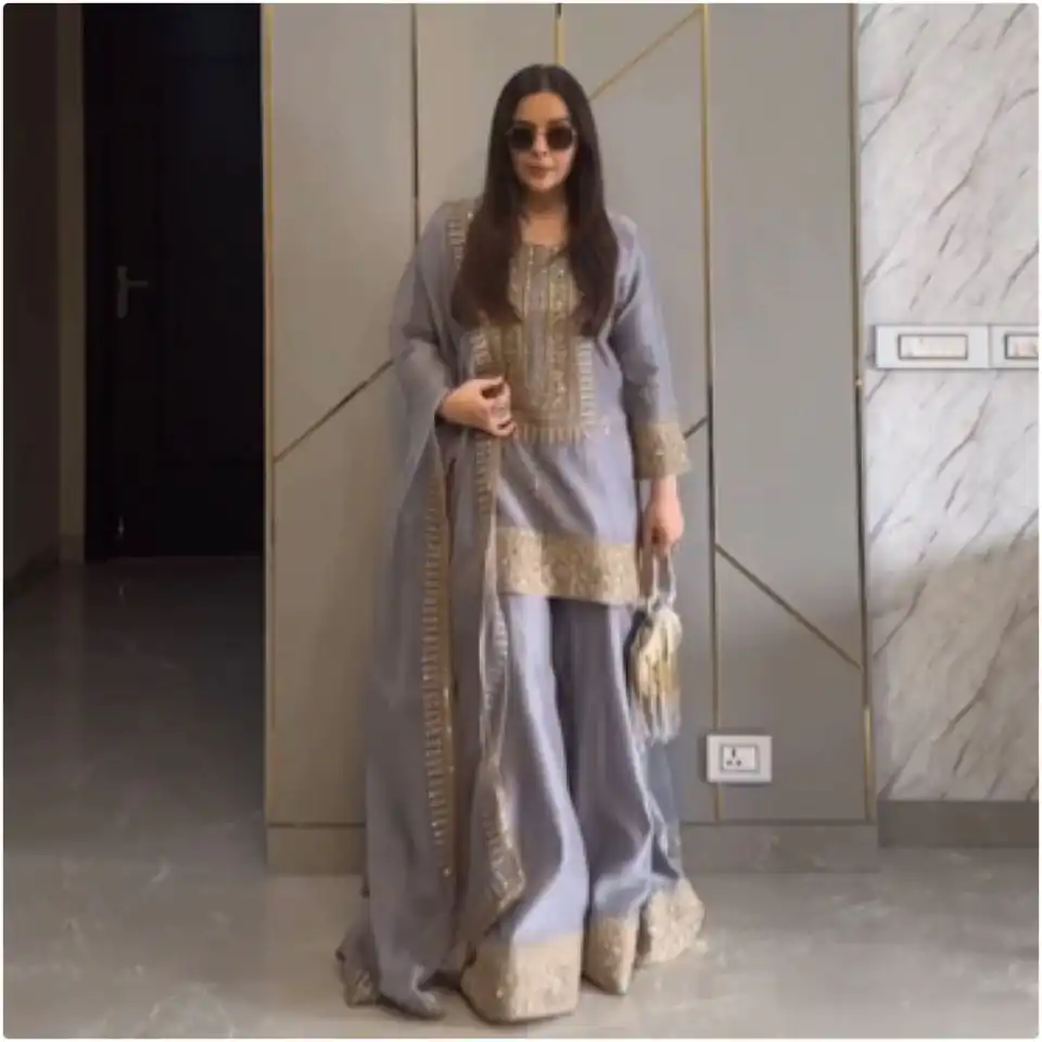 ZF 374 Grey Color Chinnon Silk Embroidery Sequence Salwar Suit Casual, Wedding, Party, Events Etc. Expected Delivery 4-6 Working Days 2099/- | Jump Suits, Salwar suit, Casual Suits, Creative suits, Designer Suits, Palazzo Suits, Party Wear Suits, Patiala Suits, Straight Suits