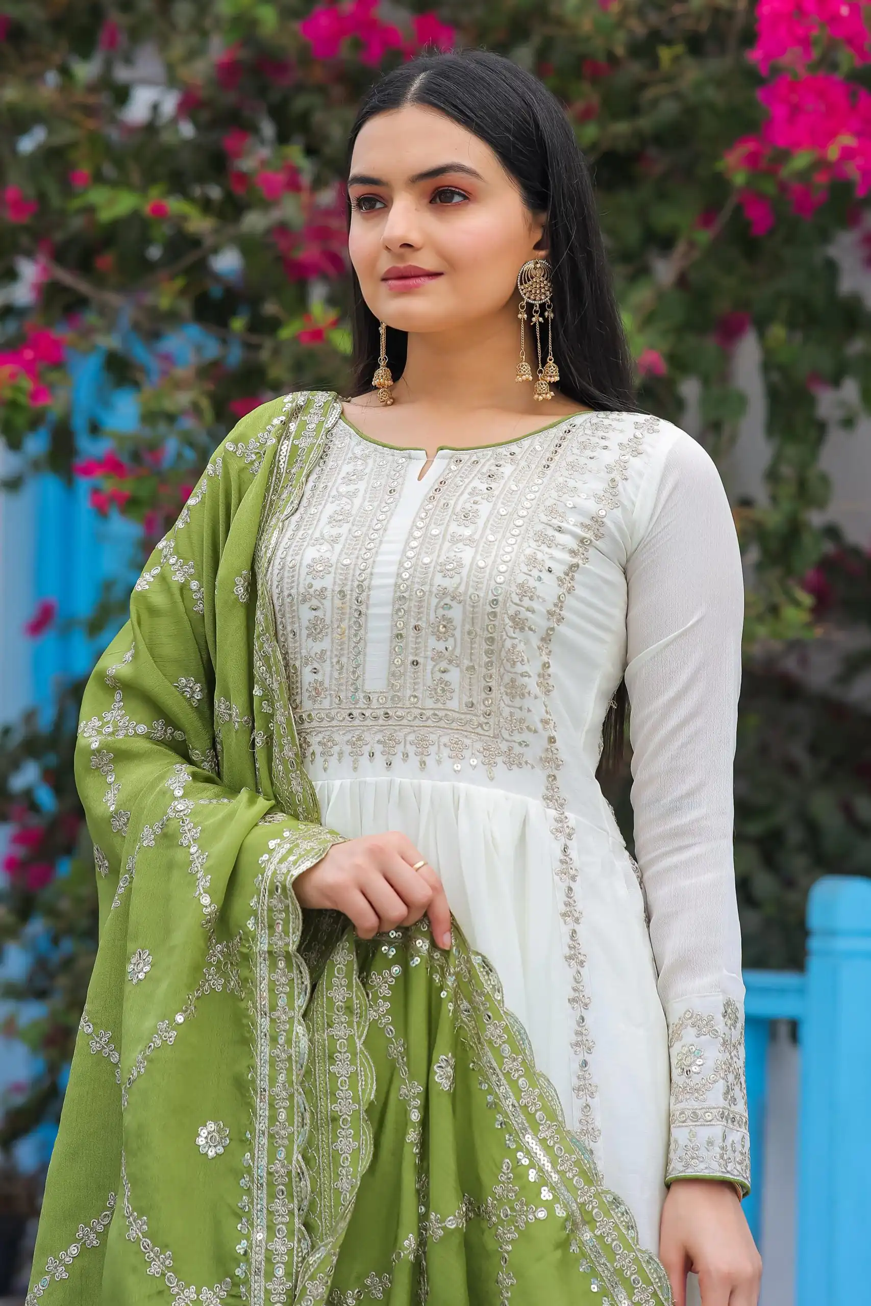 AD157 White & Olive Green Color Chinon Silk Embroidery Sequence Salwar Suit Wedding, Party, Festive, Events Expected Delivery 4-6 Working Days @ 2099/- | Salwar suit, Casual Suits, Creative suits, Designer Suits, Palazzo Suits, Party Wear Suits, Patiala Suits, Straight Suits