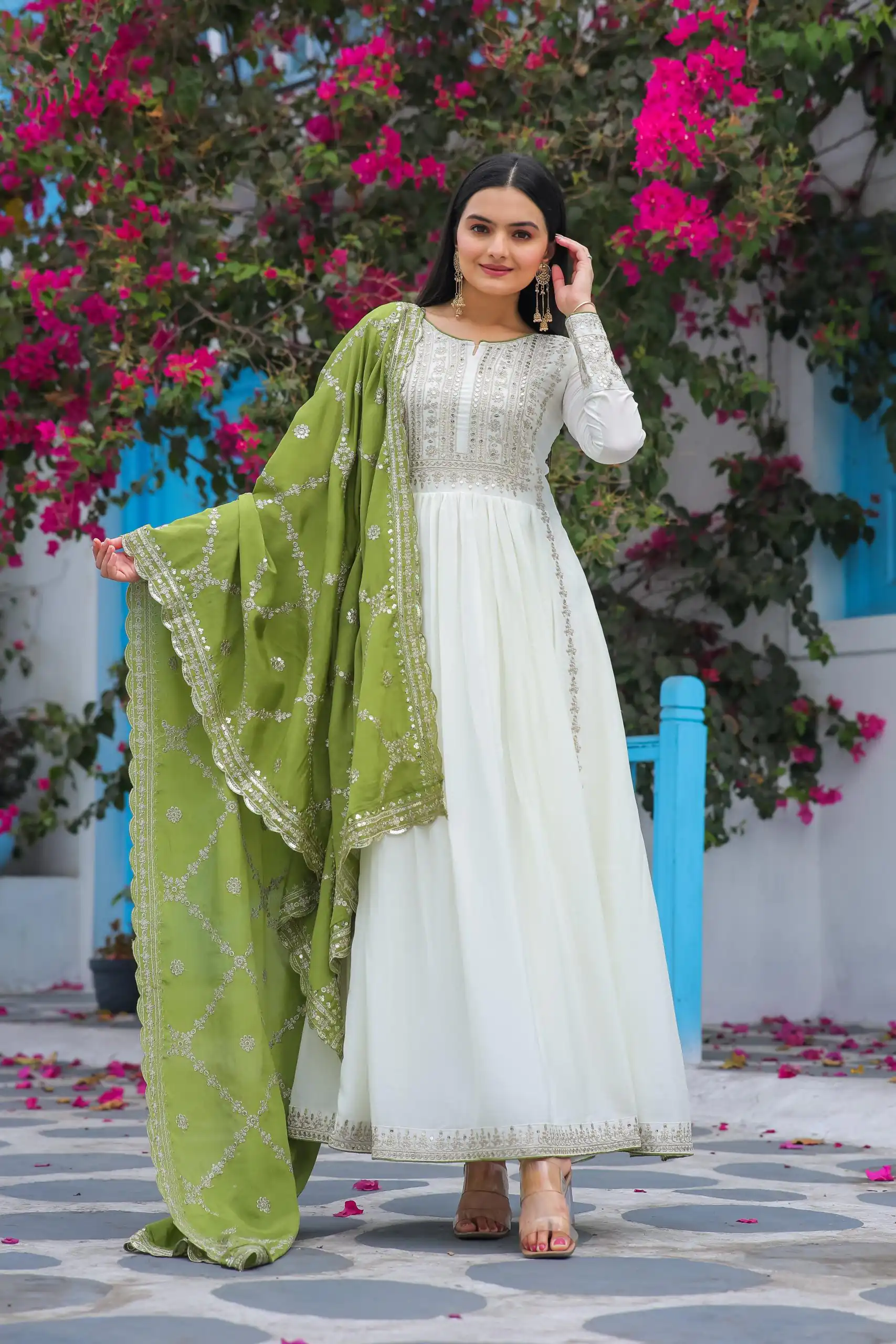 AD157 White & Olive Green Color Chinon Silk Embroidery Sequence Salwar Suit Wedding, Party, Festive, Events Expected Delivery 4-6 Working Days @ 2099/- | Salwar suit, Casual Suits, Creative suits, Designer Suits, Palazzo Suits, Party Wear Suits, Patiala Suits, Straight Suits