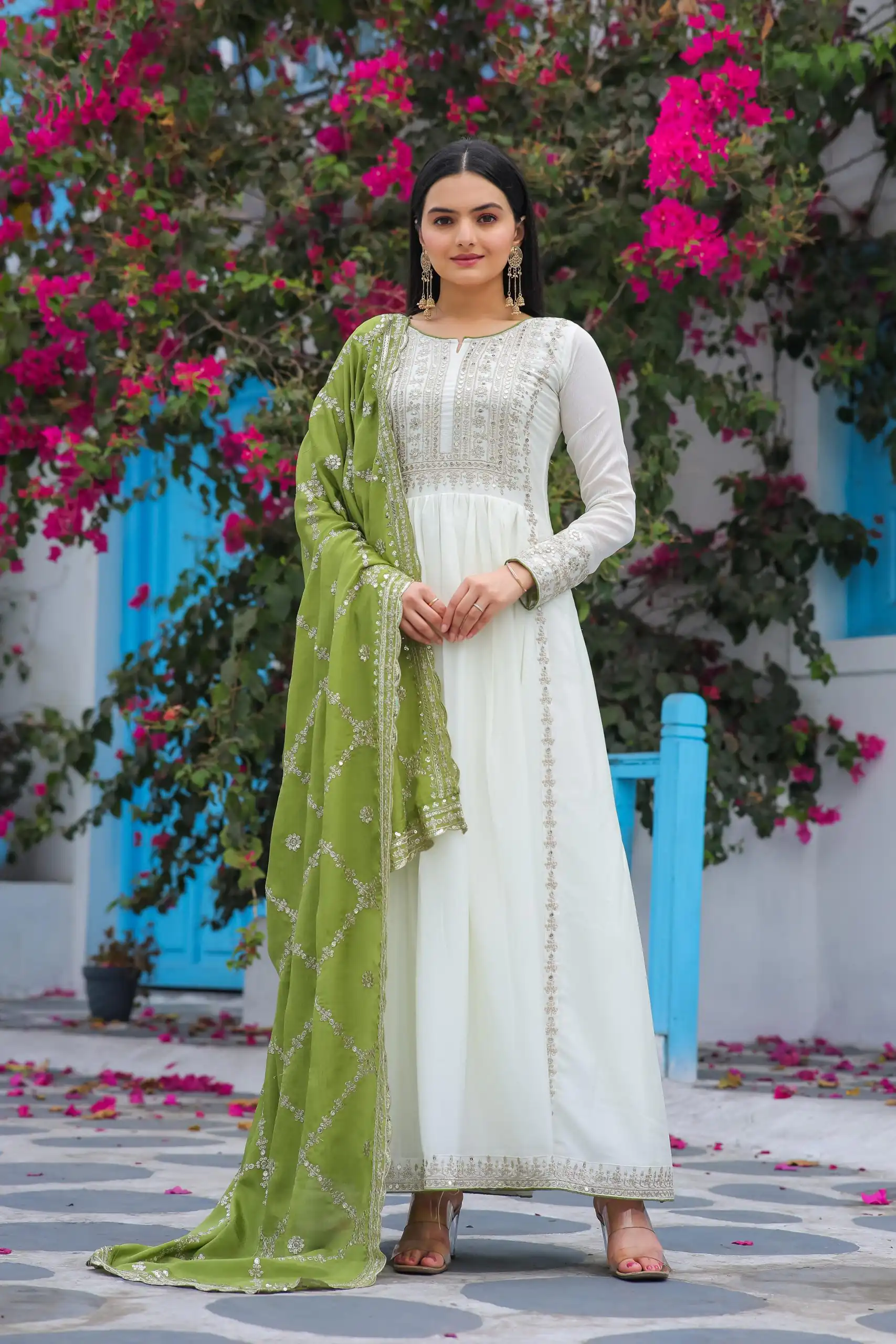 AD157 White & Olive Green Color Chinon Silk Embroidery Sequence Salwar Suit Wedding, Party, Festive, Events Expected Delivery 4-6 Working Days @ 2099/- | Salwar suit, Casual Suits, Creative suits, Designer Suits, Palazzo Suits, Party Wear Suits, Patiala Suits, Straight Suits