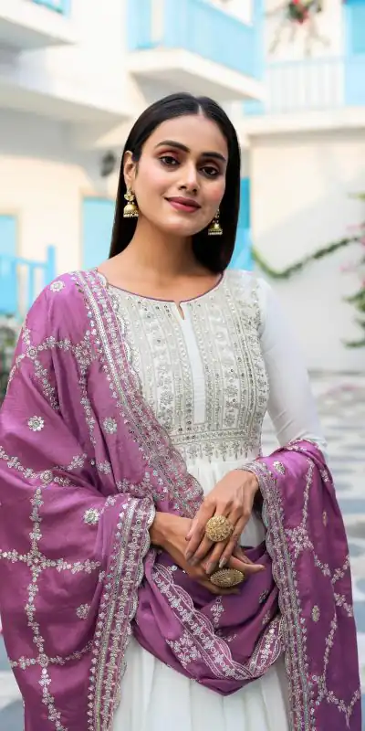 AD157 White & Purple Color Chinon Silk Embroidery Sequence Salwar Suit Wedding, Party, Festive, Events Expected Delivery 4-6 Working Days @ 2099/- | Salwar suit, Casual Suits, Creative suits, Designer Suits, Palazzo Suits, Party Wear Suits, Patiala Suits, Straight Suits
