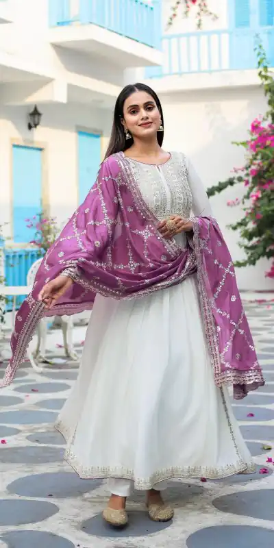 AD157 White & Purple Color Chinon Silk Embroidery Sequence Salwar Suit Wedding, Party, Festive, Events Expected Delivery 4-6 Working Days @ 2099/- | Salwar suit, Casual Suits, Creative suits, Designer Suits, Palazzo Suits, Party Wear Suits, Patiala Suits, Straight Suits