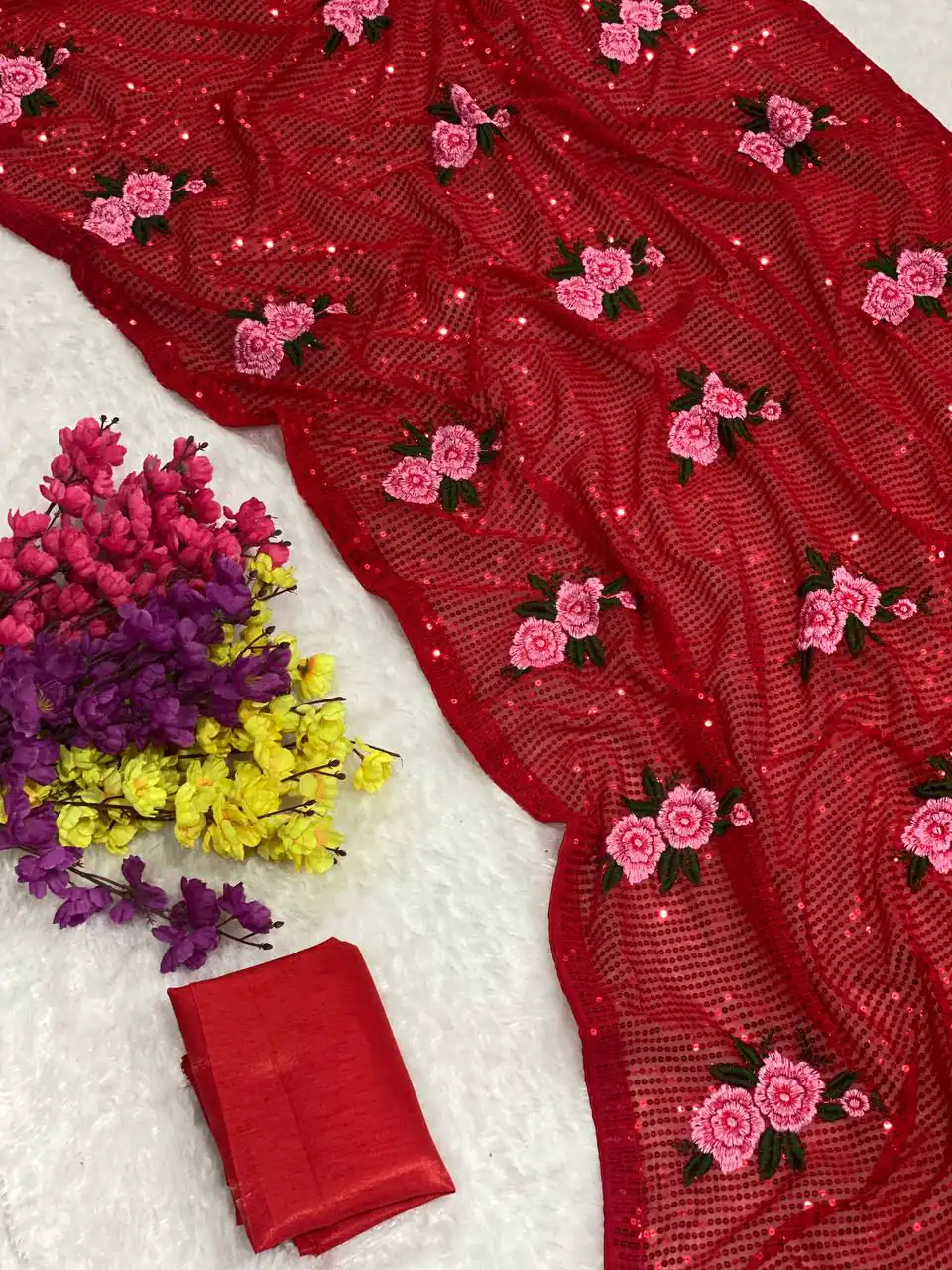 AC SEQUENCE Red Color Georgette Sequence Multi Thread Work Saree Casual, Wedding, Festive, Events Expected Delivery 4-6 Working Days @1899 /- | Designer Sarees, Sarees, Bollywood Sarees, Creative Sarees, Embroidered Sarees, Ethnic Saree, Modern Digital sarees, Party Wear Sarees
