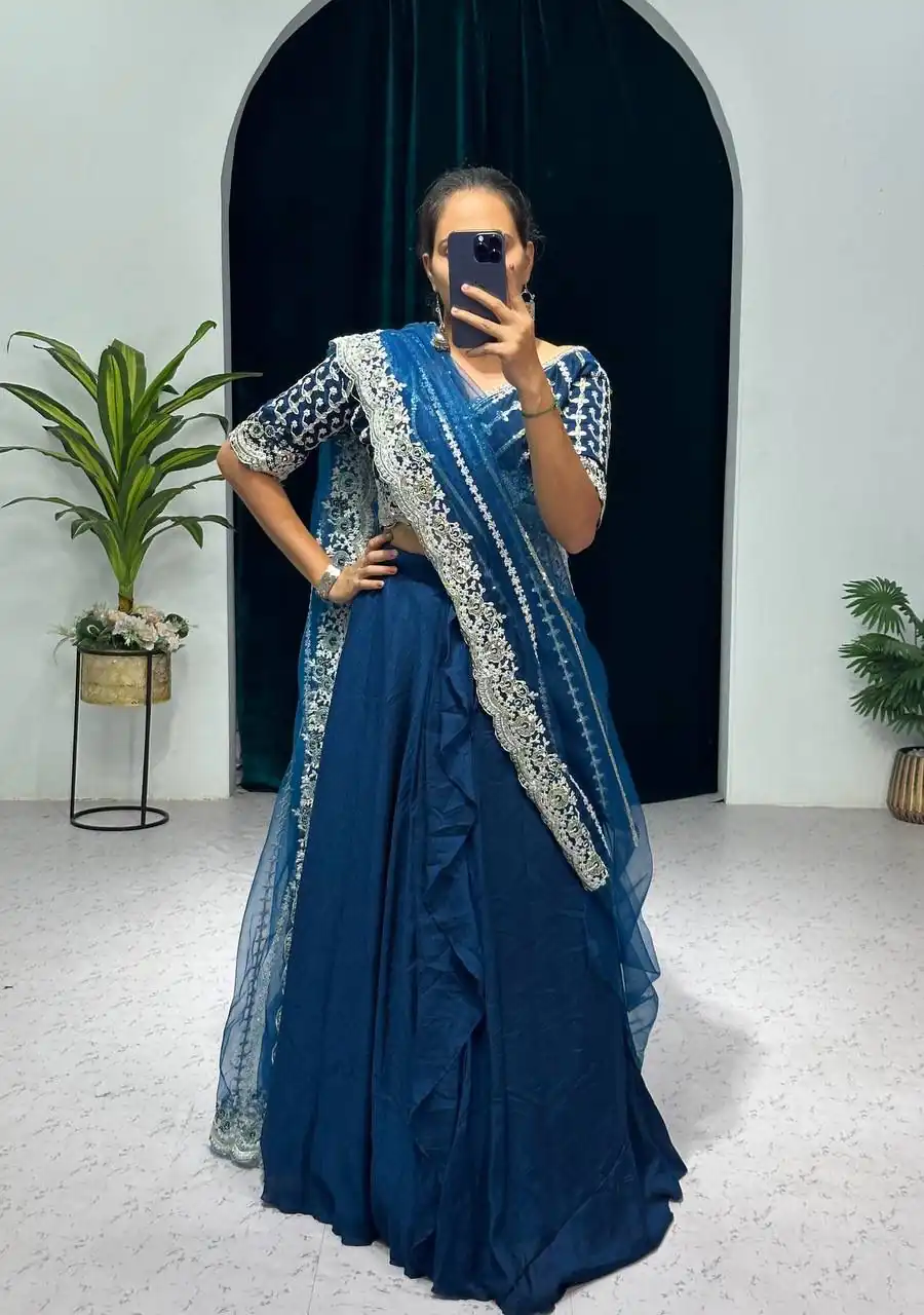 ST 1036 Royal Blue Color Blooming Vichitra Embroidery Lehenga Saree Casual, Wedding, Party, Festive, Events Etc. Expected Delivery 4-6 Working Days @2199/- | Lehenga, Bollywood Lehenga, Creative Lehenga, Designer Lehenga, Embroidered Lehenga, Party Wear Lehenga