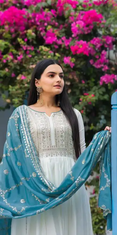 AD157 White & Sky Blue Color Chinon Silk Embroidery Sequence Salwar Suit Wedding, Party, Festive, Events Expected Delivery 4-6 Working Days @ 2099/- | Salwar suit, Casual Suits, Creative suits, Designer Suits, Palazzo Suits, Party Wear Suits, Patiala Suits, Straight Suits