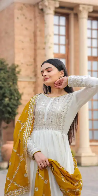 AD157 White & Yellow Color Chinon Silk Embroidery Sequence Salwar Suit Wedding, Party, Festive, Events Expected Delivery 4-6 Working Days @ 2099/- | Salwar suit, Casual Suits, Creative suits, Designer Suits, Palazzo Suits, Party Wear Suits, Patiala Suits, Straight Suits