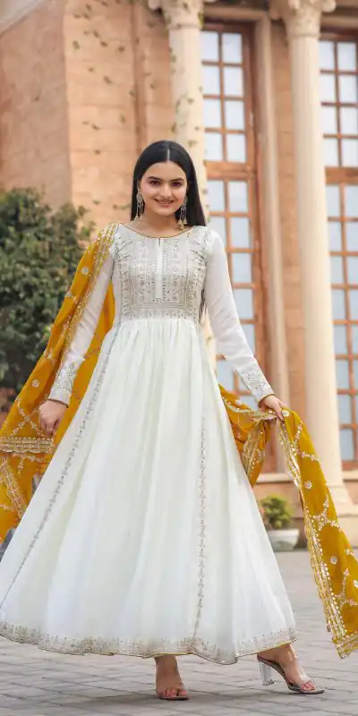 AD157 White & Yellow Color Chinon Silk Embroidery Sequence Salwar Suit Wedding, Party, Festive, Events Expected Delivery 4-6 Working Days @ 2099/- | Salwar suit, Casual Suits, Creative suits, Designer Suits, Palazzo Suits, Party Wear Suits, Patiala Suits, Straight Suits