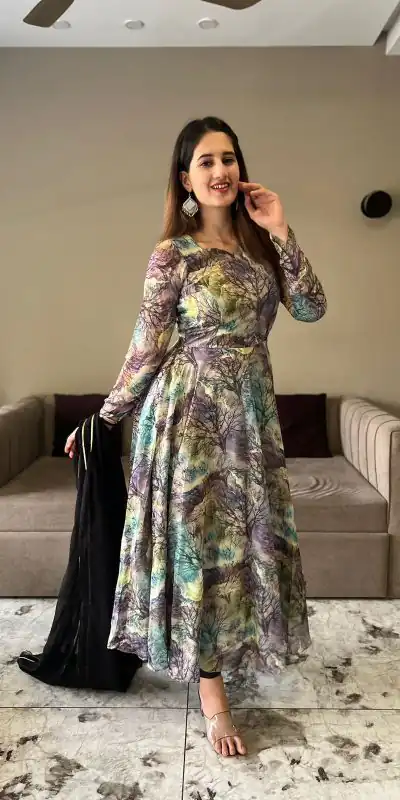 NF 1154 Grey color Tabhi Organza Material Digital Printed Anarkali Suit Casual, Wedding, Party, Festive, Events . Expected Delivery  4-6 Working Days @2049 | Anarkali Suits, Bollywood Anarkali, Creative-Anarkali, Designer Anarkali, Embroidered Anarkali, Party Wear Anarkali