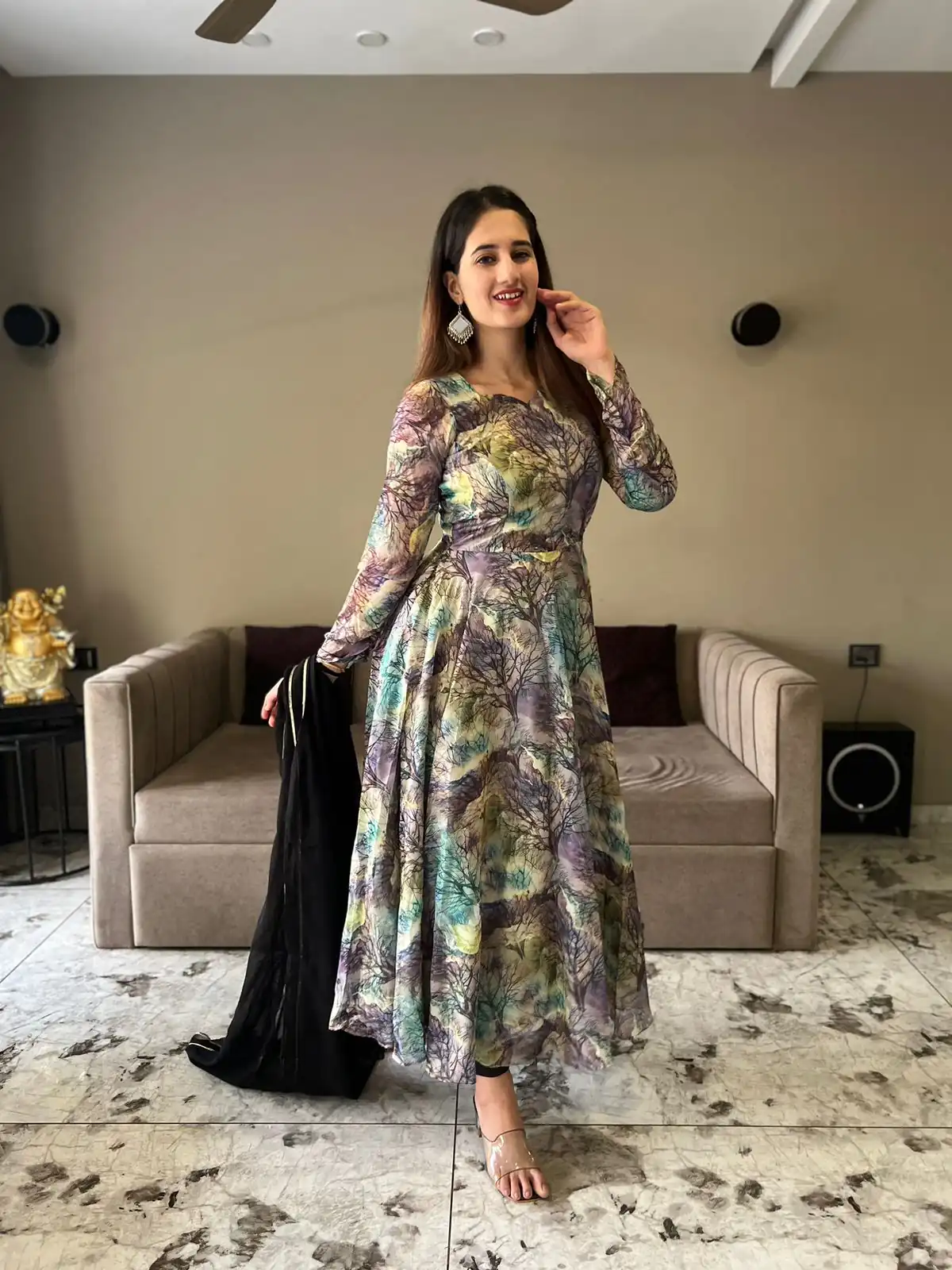 NF 1154 Grey color Tabhi Organza Material Digital Printed Anarkali Suit Casual, Wedding, Party, Festive, Events . Expected Delivery  4-6 Working Days @2049 | Anarkali Suits, Bollywood Anarkali, Creative-Anarkali, Designer Anarkali, Embroidered Anarkali, Party Wear Anarkali