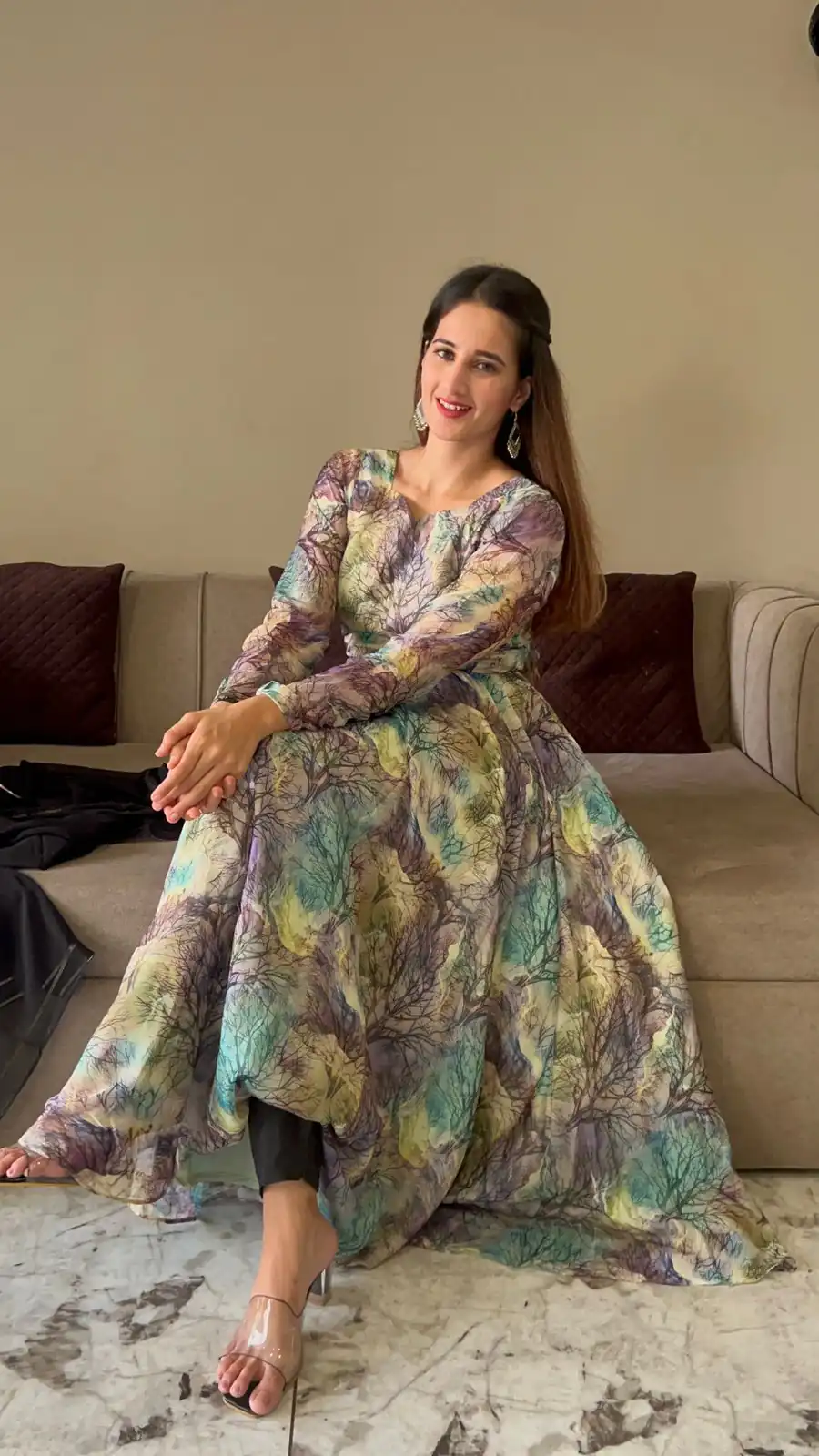 NF 1154 Grey color Tabhi Organza Material Digital Printed Anarkali Suit Casual, Wedding, Party, Festive, Events . Expected Delivery  4-6 Working Days @2049 | Anarkali Suits, Bollywood Anarkali, Creative-Anarkali, Designer Anarkali, Embroidered Anarkali, Party Wear Anarkali