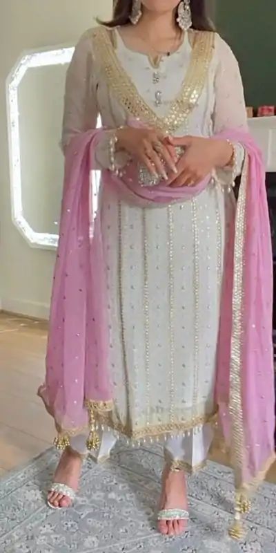 NF 1213 White & Pink color Georgette Embroidery Sequence Salwar Suit Casual, Wedding, Party, Festive, Events . Expected Delivery  4-6 Working Days @2399 | Salwar suit, Casual Suits, Creative suits, Designer Suits, Palazzo Suits, Party Wear Suits, Patiala Suits, Straight Suits