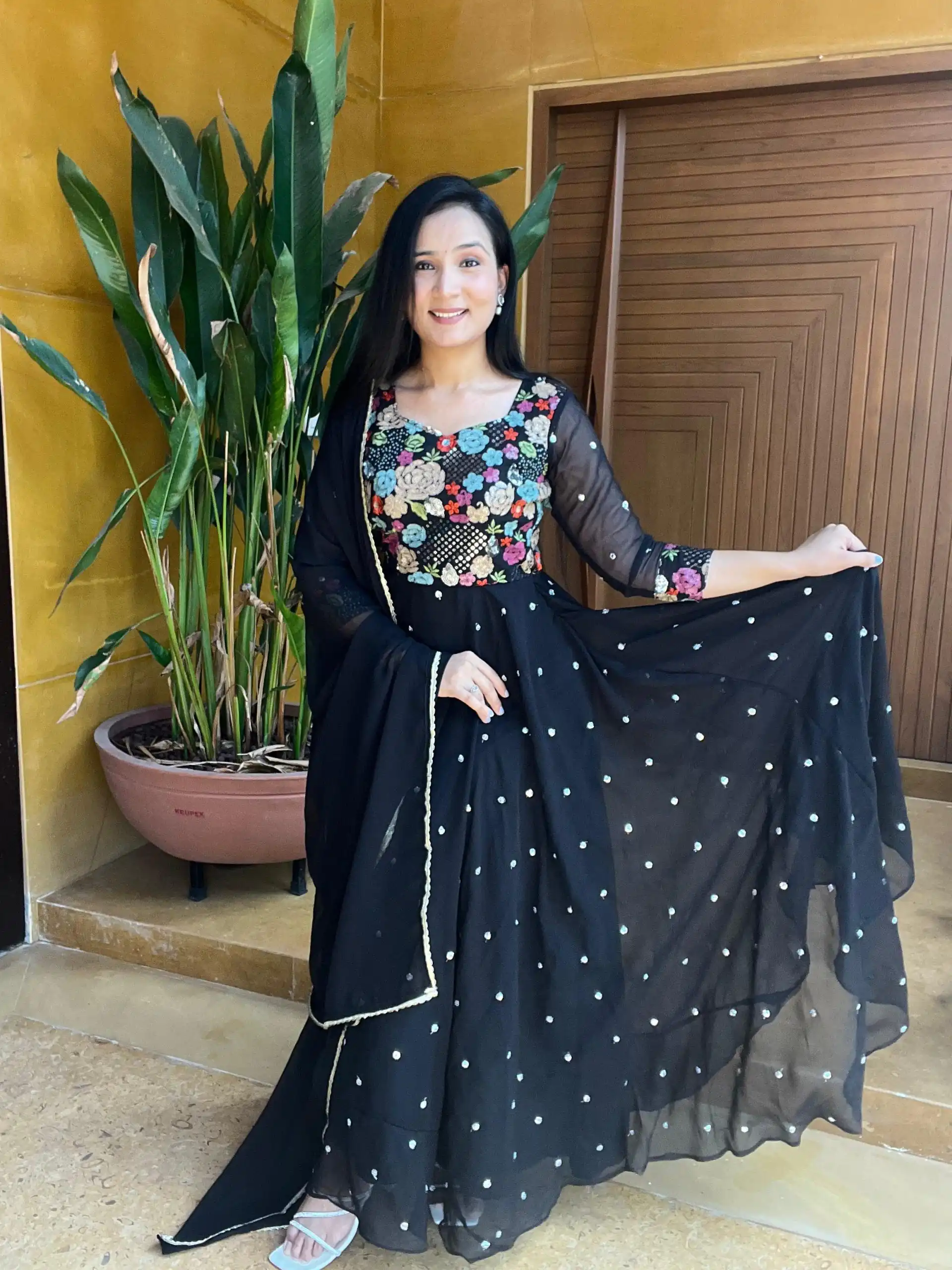   Ram 007 Black Color Fox Georgette Embroidery Lace Work Gown Casual, Wedding, Party, Festive, Events Etc. Expected Delivery 4-6 Working Days @2049/- | Gowns, Bollywood Gowns, Creative Gowns, Designer Gowns, Embroidered Gowns, Party Wear Gowns