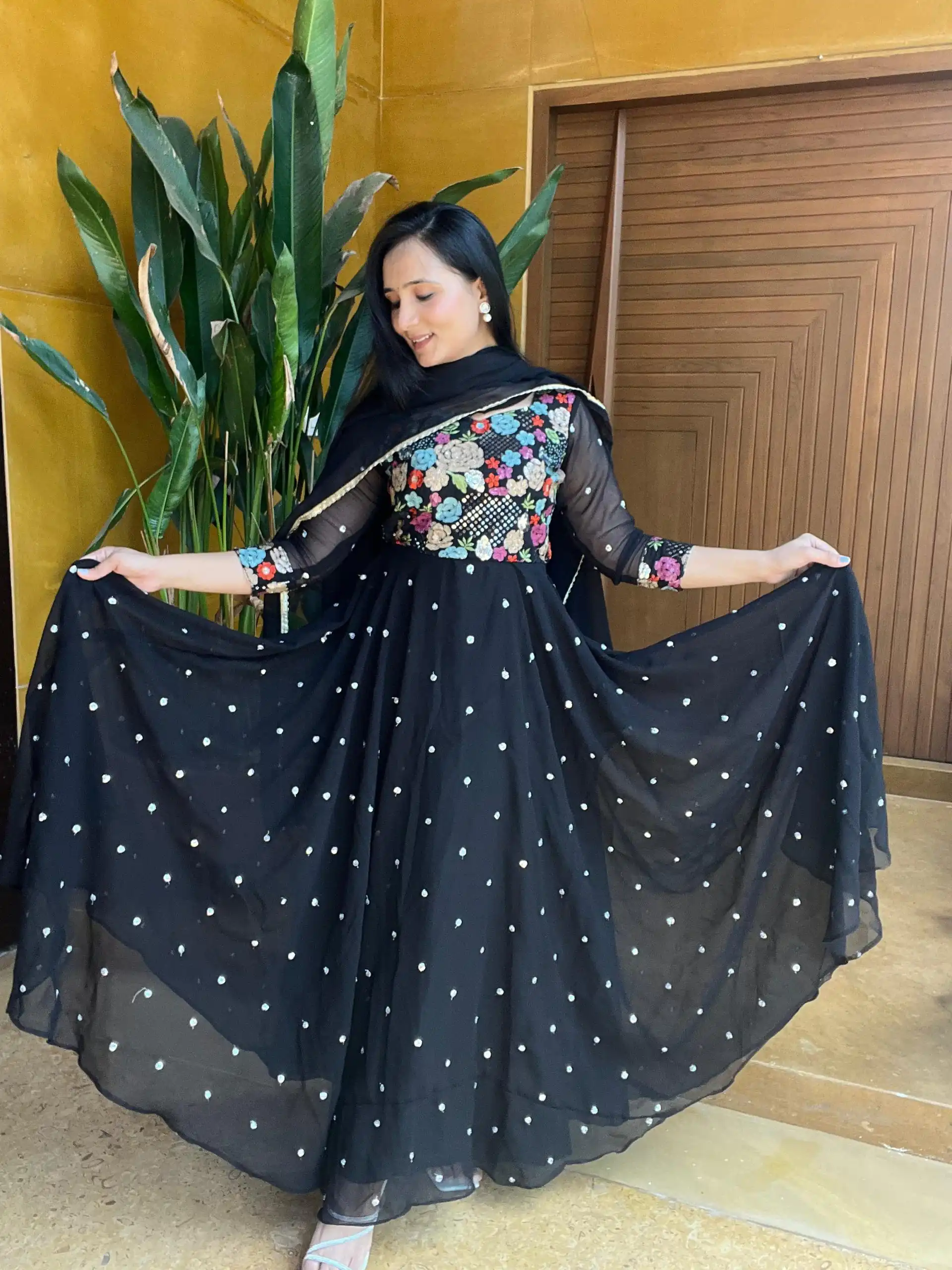   Ram 007 Black Color Fox Georgette Embroidery Lace Work Gown Casual, Wedding, Party, Festive, Events Etc. Expected Delivery 4-6 Working Days @2049/- | Gowns, Bollywood Gowns, Creative Gowns, Designer Gowns, Embroidered Gowns, Party Wear Gowns