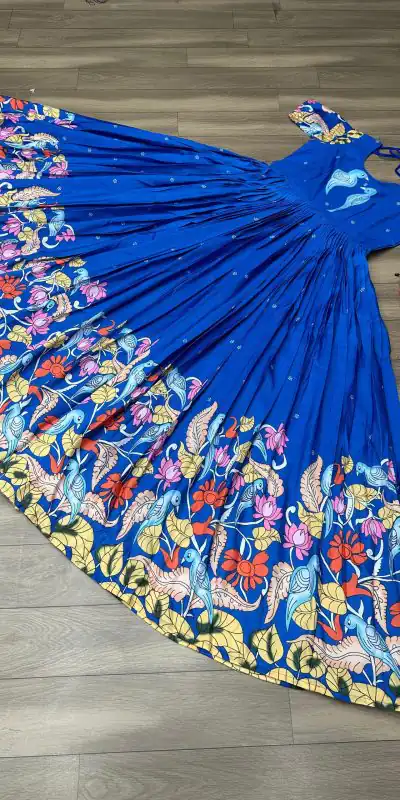 PC 307 Blue Color Chant Crepe Kalamkari Printed Gown Casual, Party Wear, Events, Festivals Wear Etc. Expected Delivery 4-6 Working Days @1899/- | Gowns, Bollywood Gowns, Creative Gowns, Designer Gowns, Embroidered Gowns, Party Wear Gowns