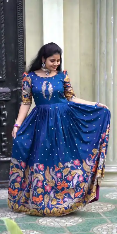 PC 307 Blue Color Chant Crepe Kalamkari Printed Gown Casual, Party Wear, Events, Festivals Wear Etc. Expected Delivery 4-6 Working Days @1899/- | Gowns, Bollywood Gowns, Creative Gowns, Designer Gowns, Embroidered Gowns, Party Wear Gowns