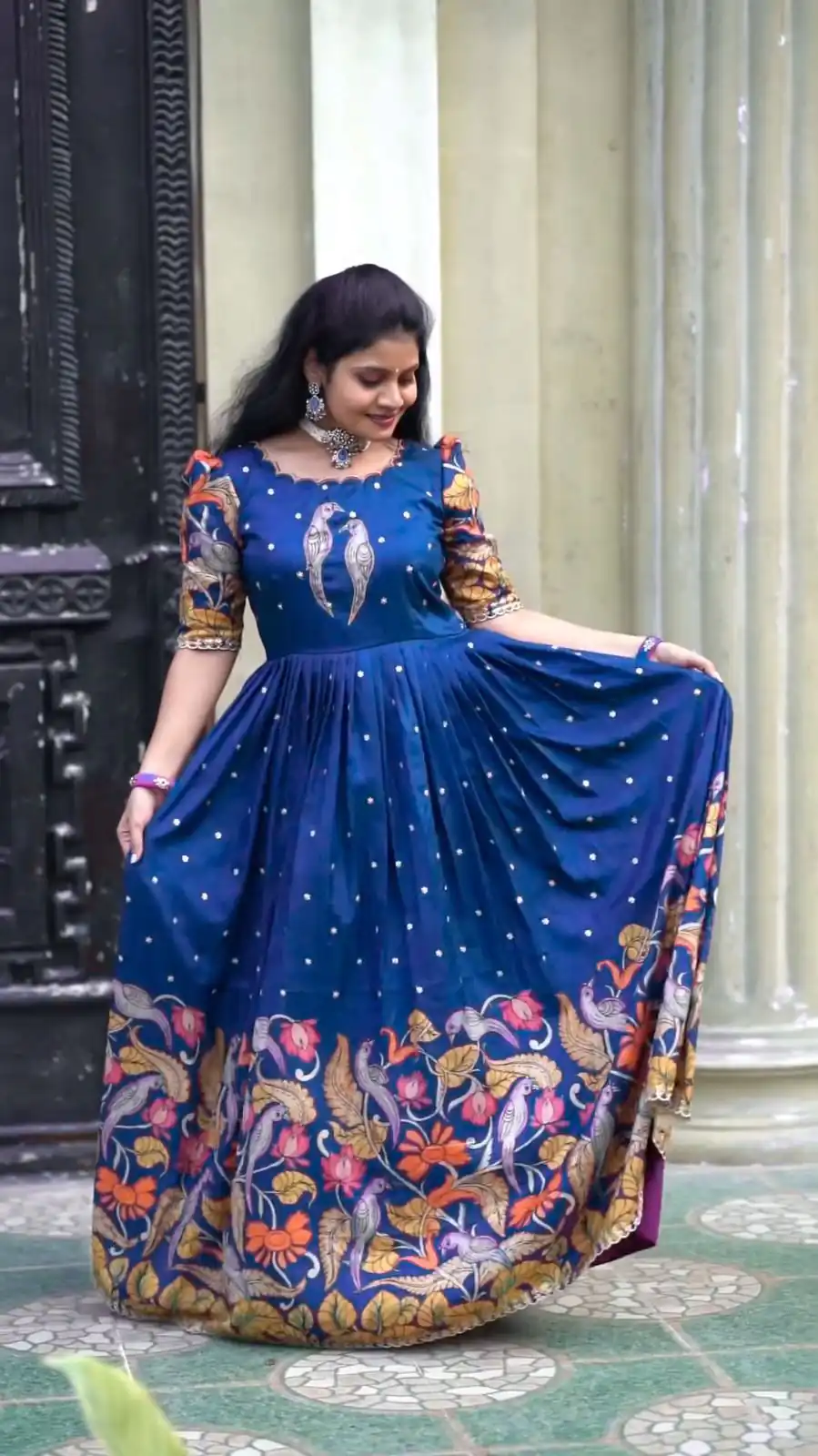 PC 307 Blue Color Chant Crepe Kalamkari Printed Gown Casual, Party Wear, Events, Festivals Wear Etc. Expected Delivery 4-6 Working Days @1899/- | Gowns, Bollywood Gowns, Creative Gowns, Designer Gowns, Embroidered Gowns, Party Wear Gowns