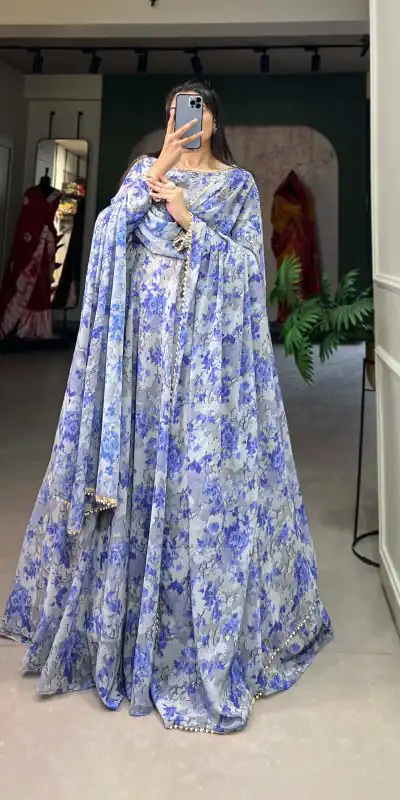 YNF 5008 Blue Color Georgette Floral Printed Work Gown Casual, Wedding Festive, Events, Designer Party Wear Expected Delivery 4-6 Working Days @2149/- | Gowns, Bollywood Gowns, Creative Gowns, Designer Gowns, Embroidered Gowns, Party Wear Gowns