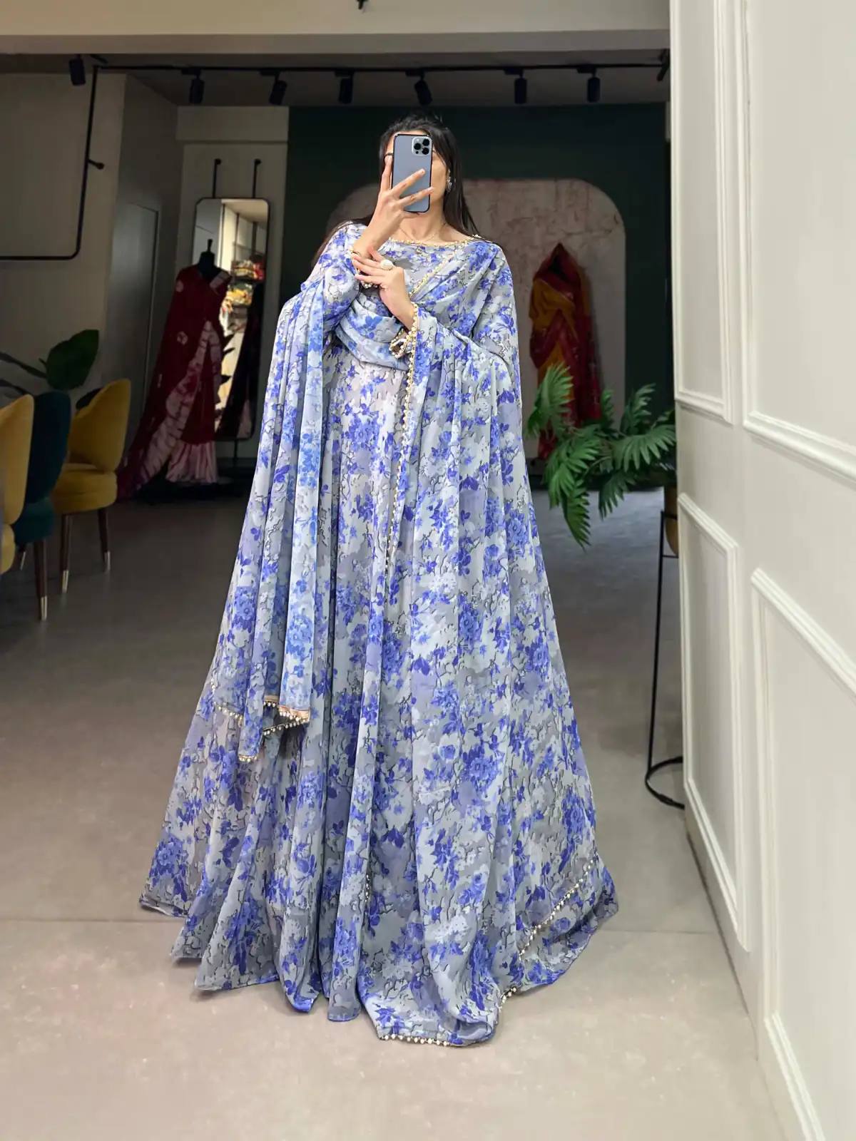 YNF 5008 Blue Color Georgette Floral Printed Work Gown Casual, Wedding Festive, Events, Designer Party Wear Expected Delivery 4-6 Working Days @2149/- | Gowns, Bollywood Gowns, Creative Gowns, Designer Gowns, Embroidered Gowns, Party Wear Gowns