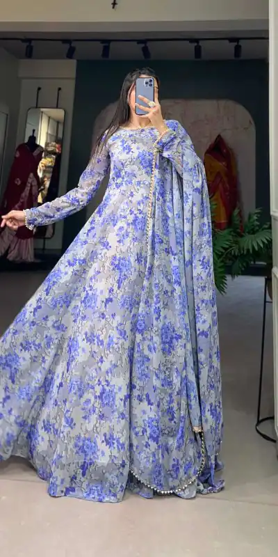 YNF 5008 Blue Color Georgette Floral Printed Work Gown Casual, Wedding Festive, Events, Designer Party Wear Expected Delivery 4-6 Working Days @2149/- | Gowns, Bollywood Gowns, Creative Gowns, Designer Gowns, Embroidered Gowns, Party Wear Gowns