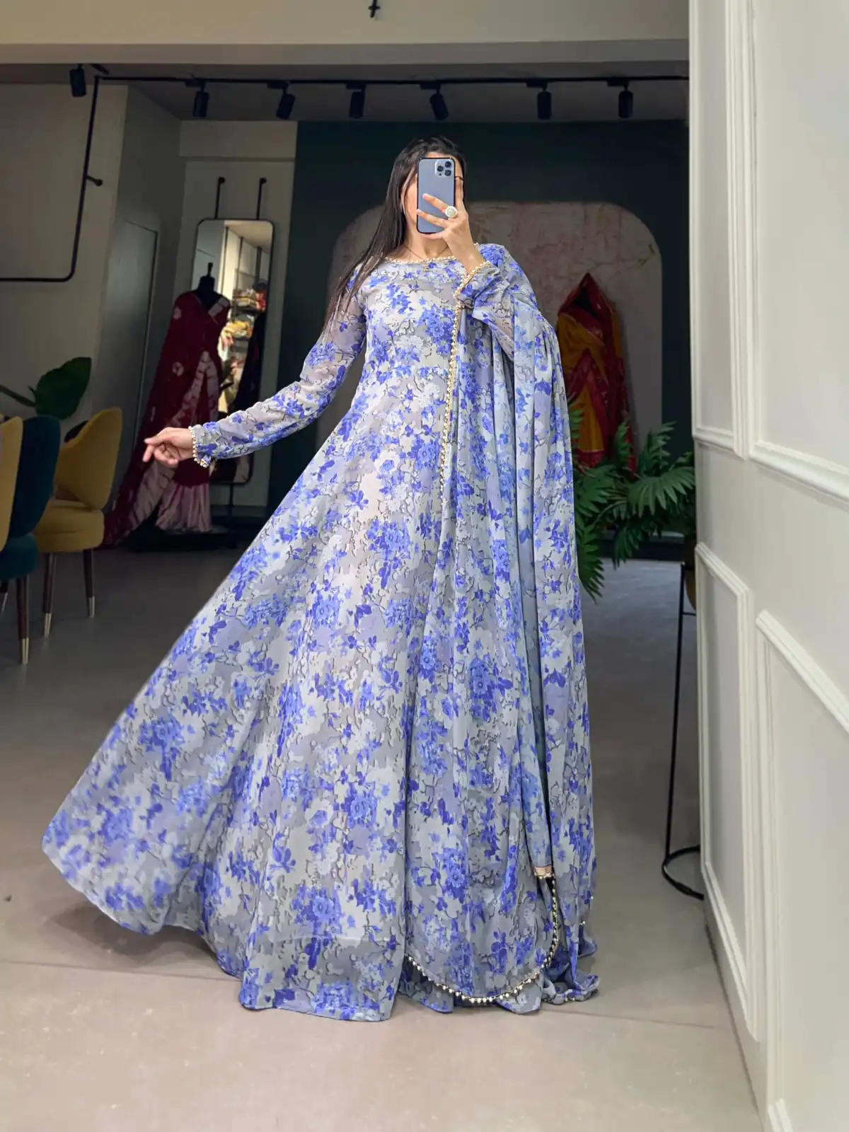 YNF 5008 Blue Color Georgette Floral Printed Work Gown Casual, Wedding Festive, Events, Designer Party Wear Expected Delivery 4-6 Working Days @2149/- | Gowns, Bollywood Gowns, Creative Gowns, Designer Gowns, Embroidered Gowns, Party Wear Gowns