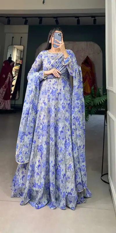YNF 5008 Blue Color Georgette Floral Printed Work Gown Casual, Wedding Festive, Events, Designer Party Wear Expected Delivery 4-6 Working Days @2149/- | Gowns, Bollywood Gowns, Creative Gowns, Designer Gowns, Embroidered Gowns, Party Wear Gowns