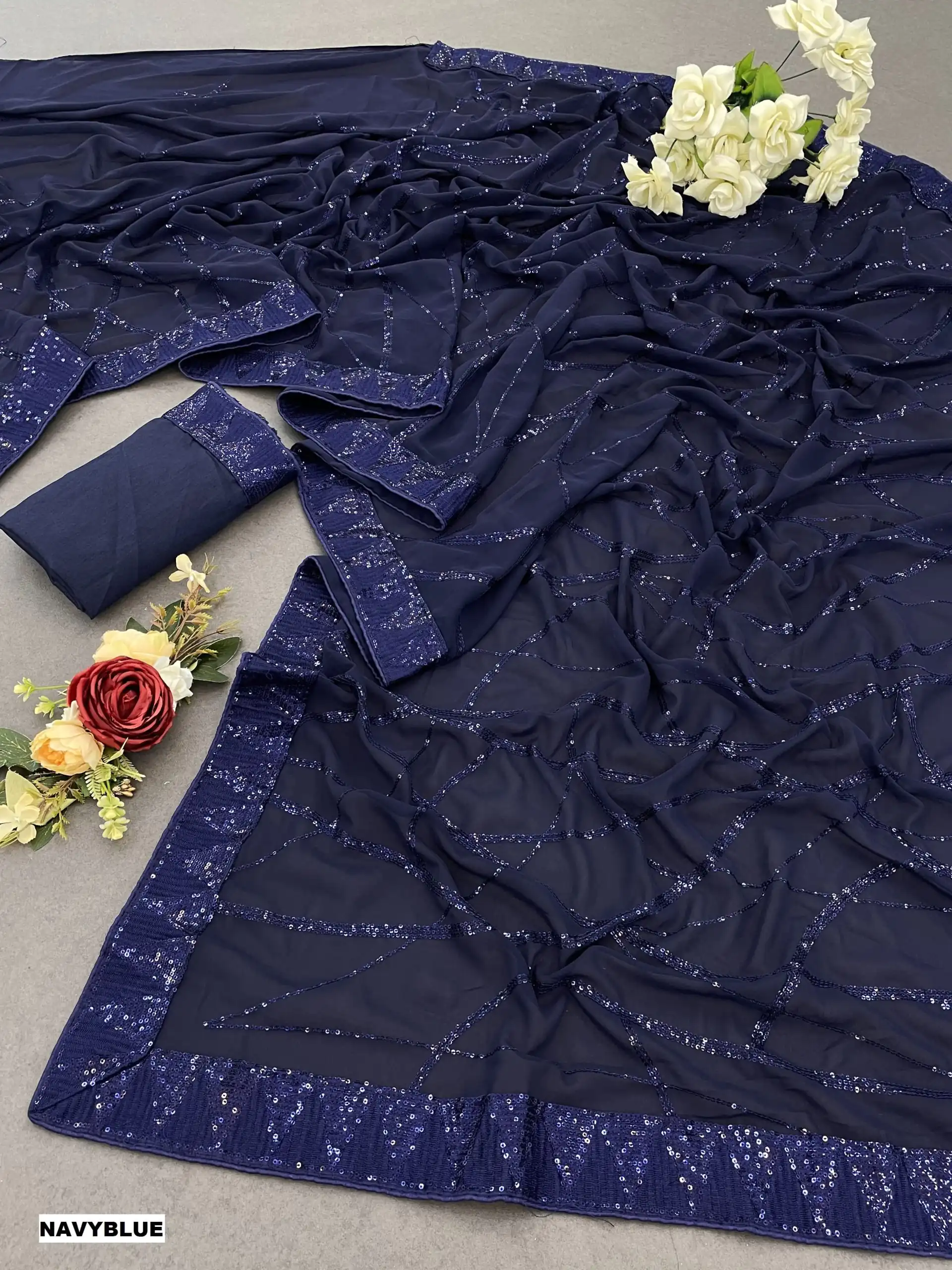 DF 3397 Blue Color Georgette Sequins Embroidery Work Saree Casual, Party Wear, Wedding, Events Etc Delivery Expected.4-6 Working Days 1799/- | Designer Sarees, Sarees, Bollywood Sarees, Creative Sarees, Embroidered Sarees, Ethnic Saree, Modern Digital sarees, Party Wear Sarees