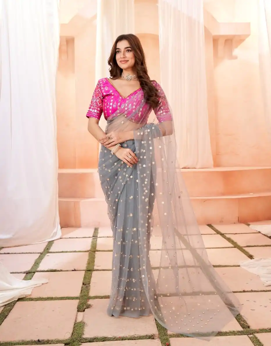 BT 1158 Grey Color Heavy Butterfly Net Embroidery Saree Casual, Party Wear, Traditional Wear, Wedding Wear, Expected Delivery 4-6 Working Days@1699 | Designer Sarees, Sarees, Bollywood Sarees, Creative Sarees, Ethnic Saree, Modern Digital sarees, Party Wear Sarees