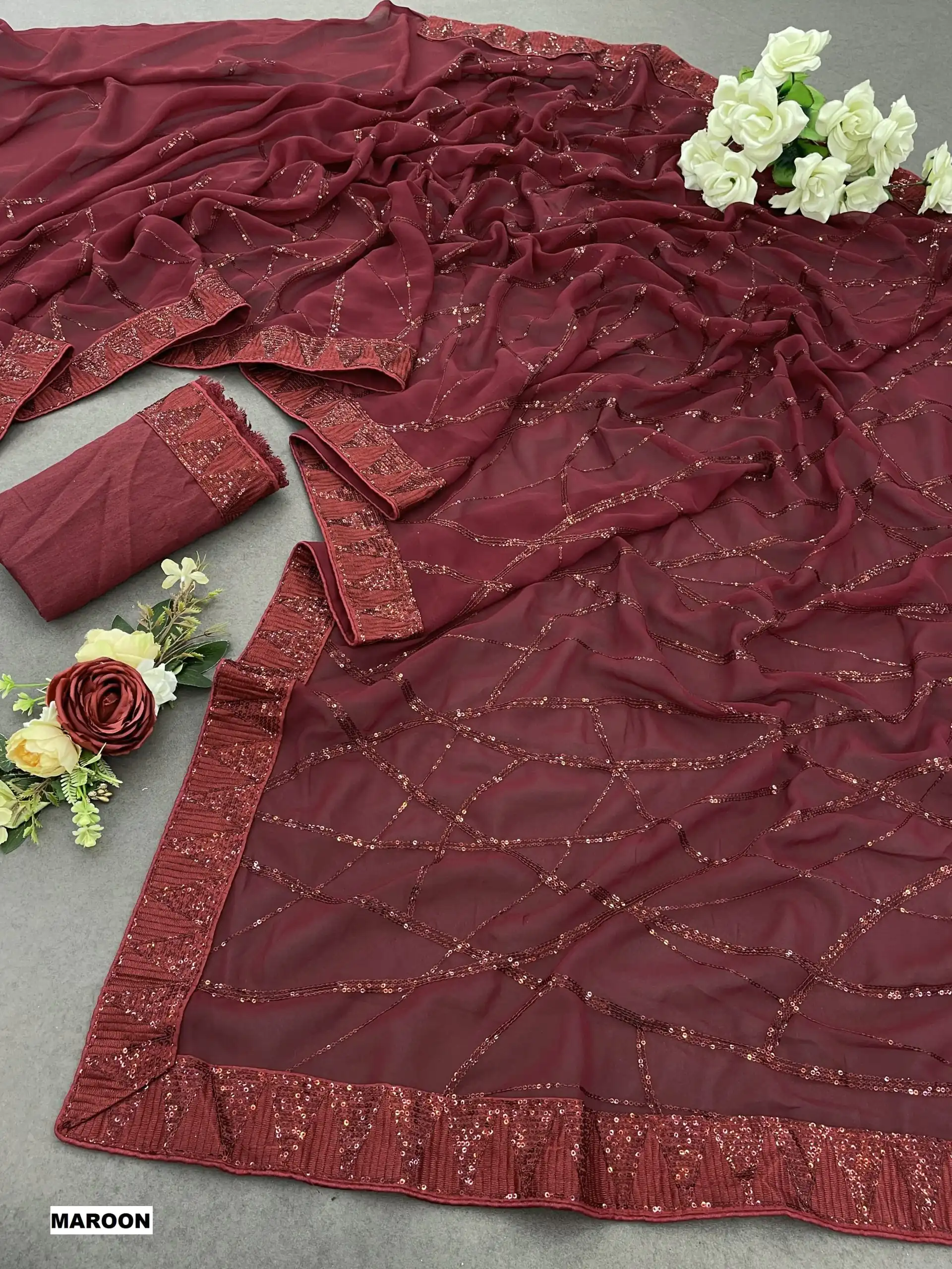 DF 3397 Maroon Color Georgette Sequins Embroidery Work Saree Casual, Party Wear, Wedding, Events Etc Delivery Expected.4-6 Working Days 1799/- | Designer Sarees, Sarees, Bollywood Sarees, Creative Sarees, Embroidered Sarees, Ethnic Saree, Modern Digital sarees, Party Wear Sarees