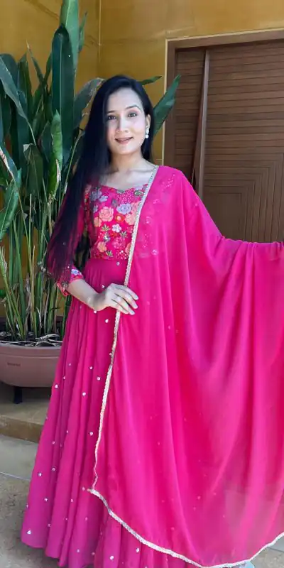   Ram 007 Pink Color Fox Georgette Embroidery Lace Work Gown Casual, Wedding, Party, Festive, Events Etc. Expected Delivery 4-6 Working Days @2049/- | Gowns, Bollywood Gowns, Creative Gowns, Designer Gowns, Embroidered Gowns, Party Wear Gowns