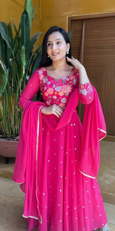   Ram 007 Pink Color Fox Georgette Embroidery Lace Work Gown Casual, Wedding, Party, Festive, Events Etc. Expected Delivery 4-6 Working Days @2049/- | Gowns, Bollywood Gowns, Creative Gowns, Designer Gowns, Embroidered Gowns, Party Wear Gowns