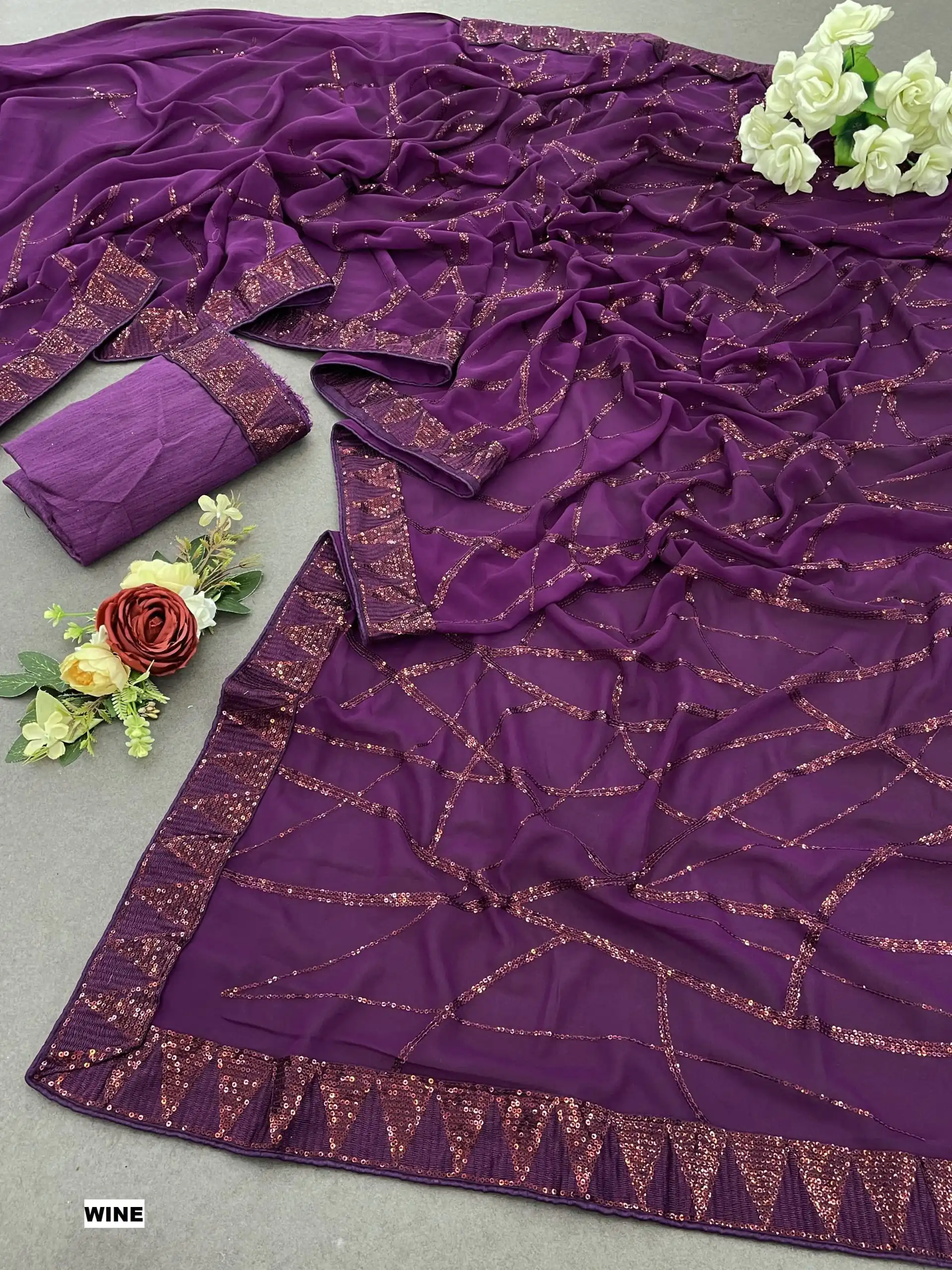 DF 3397 Purple Color Georgette Sequins Embroidery Work Saree Casual, Party Wear, Wedding, Events Etc Delivery Expected.4-6 Working Days 1799/- | Designer Sarees, Sarees, Bollywood Sarees, Creative Sarees, Embroidered Sarees, Ethnic Saree, Modern Digital sarees, Party Wear Sarees