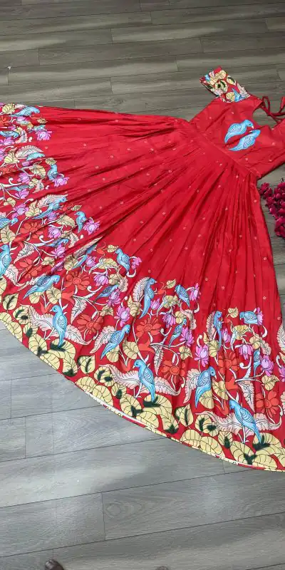 PC 307 Red Color Chant Crepe Kalamkari Printed Gown Casual, Party Wear, Events, Festivals Wear Etc. Expected Delivery 4-6 Working Days @1899/- | Gowns, Bollywood Gowns, Creative Gowns, Designer Gowns, Embroidered Gowns, Party Wear Gowns