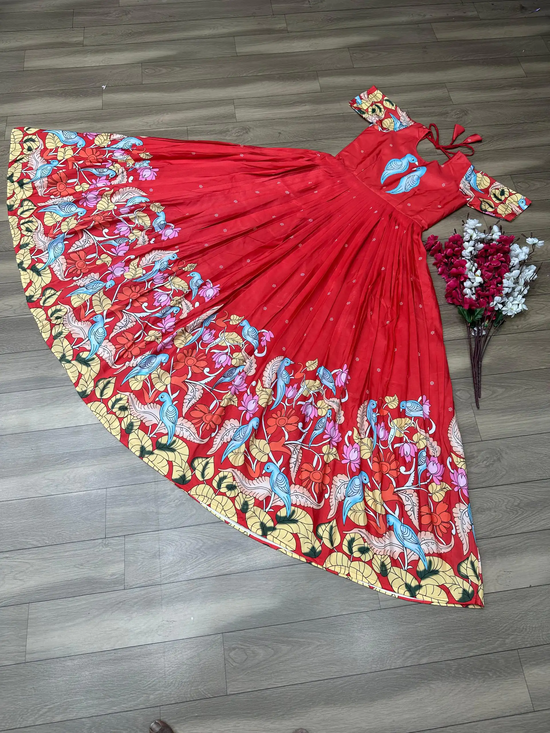 PC 307 Red Color Chant Crepe Kalamkari Printed Gown Casual, Party Wear, Events, Festivals Wear Etc. Expected Delivery 4-6 Working Days @1899/- | Gowns, Bollywood Gowns, Creative Gowns, Designer Gowns, Embroidered Gowns, Party Wear Gowns