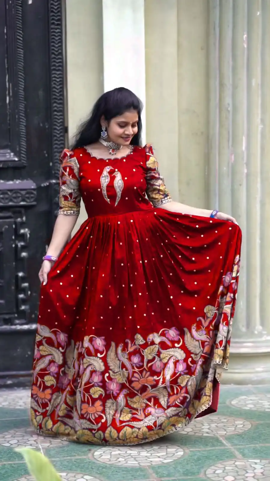 PC 307 Red Color Chant Crepe Kalamkari Printed Gown Casual, Party Wear, Events, Festivals Wear Etc. Expected Delivery 4-6 Working Days @1899/- | Gowns, Bollywood Gowns, Creative Gowns, Designer Gowns, Embroidered Gowns, Party Wear Gowns