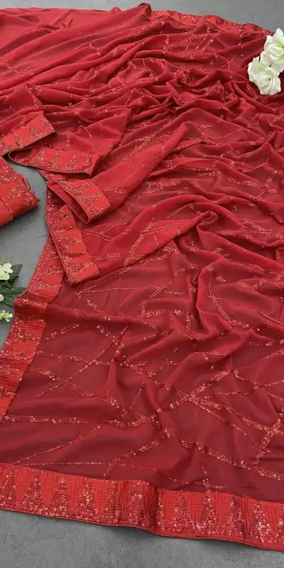 DF 3397 Red Color Georgette Sequins Embroidery Work Saree Casual, Party Wear, Wedding, Events Etc Delivery Expected.4-6 Working Days 1799/- | Designer Sarees, Embroidered Sarees, Sarees, Bollywood Sarees, Creative Sarees, Ethnic Saree, Modern Digital sarees, Party Wear Sarees